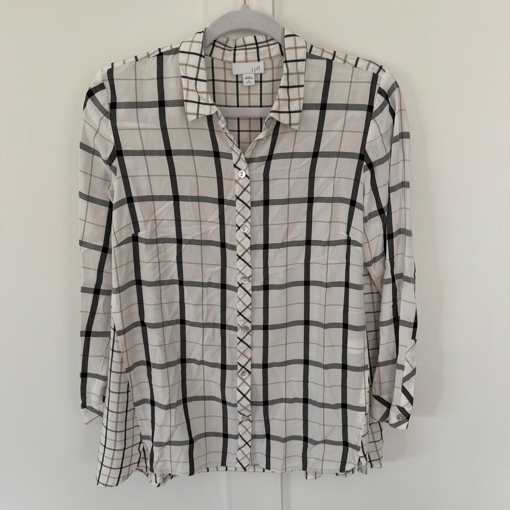 J. Jill Women's Plaid‎ Button Down Shirt Rayon Ivory Gray Small Petite Office
